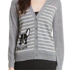 kate spade Gray Striped V-Neck Cardigan with Dog Motif